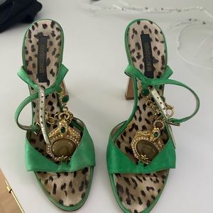 Roberto Cavalli Two Tone Bronze/Silver Leather T-Strap Jeweled Block Heel Sandal